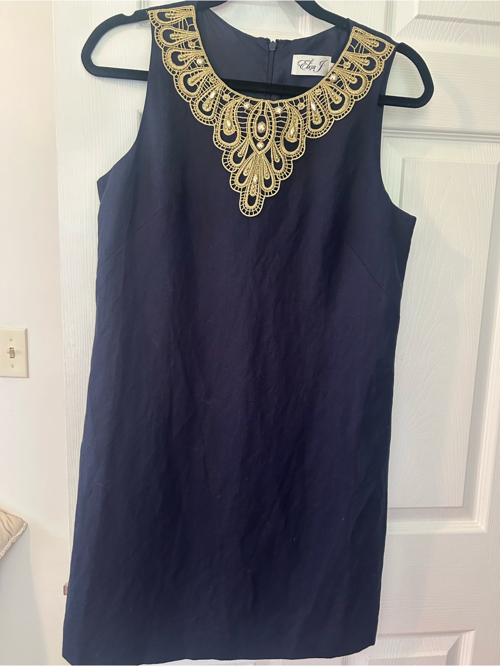 Eliza J Navy Linen Sleeveless  Shift Dress Gold Embellishment Size 8